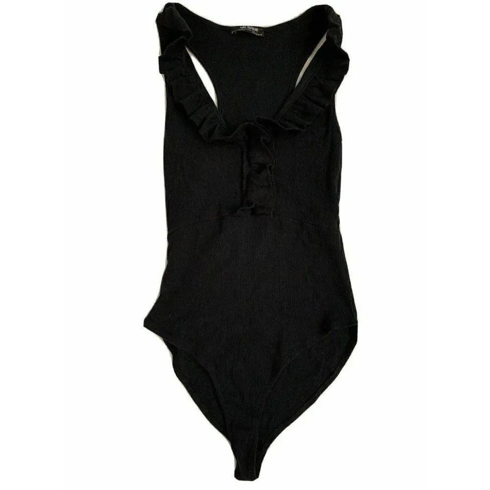 Zara Womens Solid Black Ribbed Tank Bodysuit Top Small